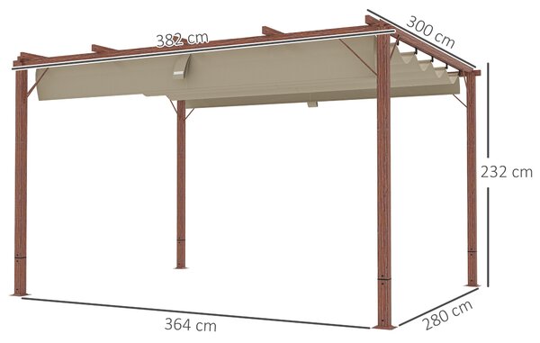 Outsunny Gazebo Pergola con Tetto Retrattile, Picchetti e Viti, in Poliestere e Alluminio, 382x300x232 cm, color Legno