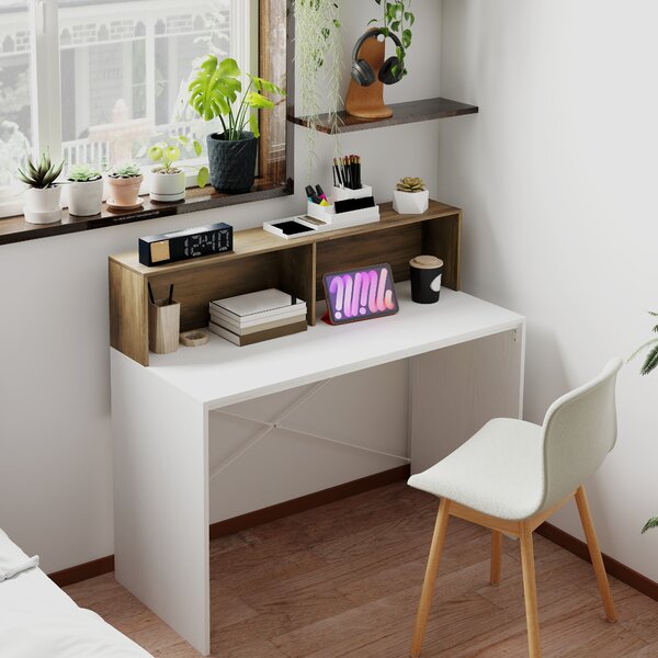 HOMCOM Scrivania PC Moderna con Piano Rialzato e 2 Ripiani, in Truciolato, 110x50x102.6 cm, Bianco, Marrone e Noce