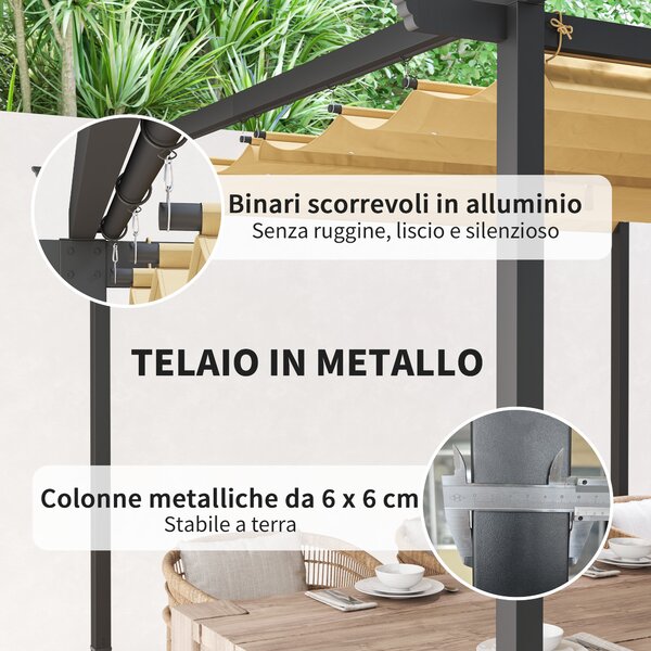 Outsunny Gazebo Pergola 3x3 con Tetto Retrattile e Fori di Drenaggio in Poliestere e Acciaio, Beige e Nero