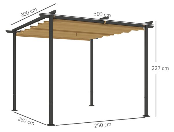 Outsunny Gazebo Pergola 3x3 con Tetto Retrattile e Fori di Drenaggio in Poliestere e Acciaio, Beige e Nero
