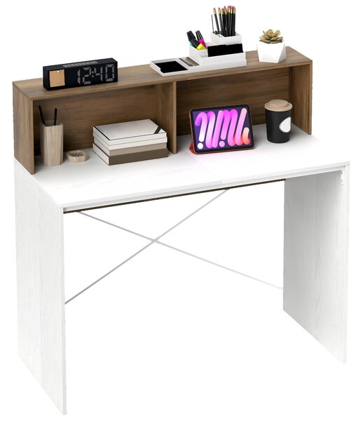 HOMCOM Scrivania PC Moderna con Piano Rialzato e 2 Ripiani, in Truciolato, 110x50x102.6 cm, Bianco, Marrone e Noce