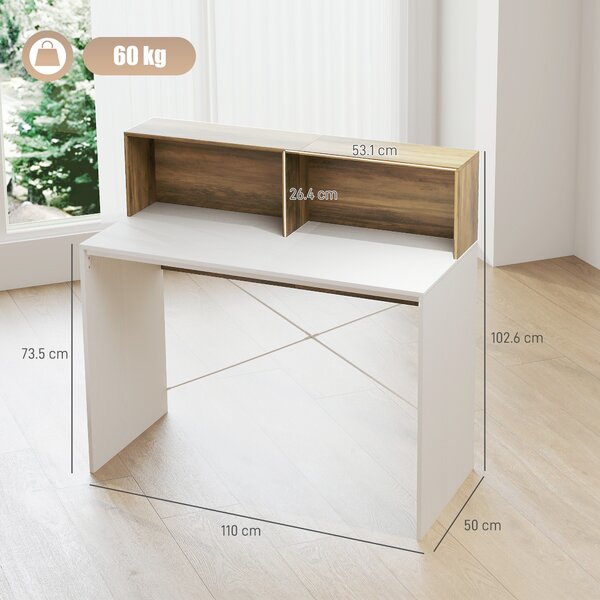 HOMCOM Scrivania PC Moderna con Piano Rialzato e 2 Ripiani, in Truciolato, 110x50x102.6 cm, Bianco, Marrone e Noce