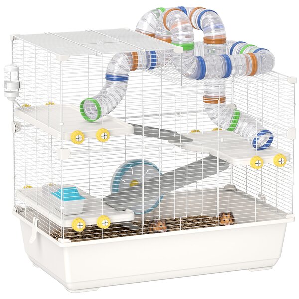 PawHut Gabbia per Criceti a 4 Livelli con Tubi, Ruota, 3 Porte e Vassoio, in Metallo, PP e PS, 78x45x73 cm, Bianco