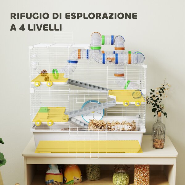 PawHut Gabbia per Criceti a 4 Livelli con Tubi, Ruota, 3 Porte e Vassoio, in Metallo, PP e PS, 78x45x73 cm, Bianco