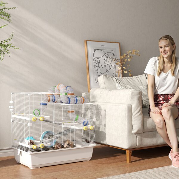 PawHut Gabbia per Criceti a 4 Livelli con Tubi, Ruota, 3 Porte e Vassoio, in Metallo, PP e PS, 78x45x73 cm, Bianco