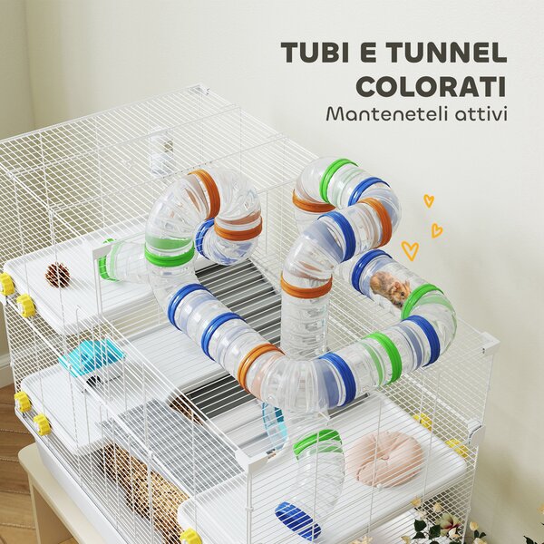 PawHut Gabbia per Criceti a 4 Livelli con Tubi, Ruota, 3 Porte e Vassoio, in Metallo, PP e PS, 78x45x73 cm, Bianco