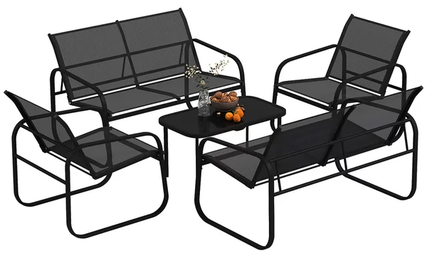 Outsunny Set da Giardino con 2 Divani 2 Posti, 2 Poltrone e un Tavolino da Caffè con Piano in Vetro, Nero