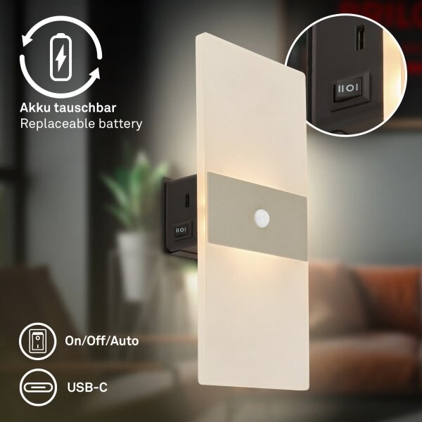 Briloner 3888012 - Lampada LED da parete ricaricabile con sensore AURA LED/2,5W/5V 1800 mAh opaca