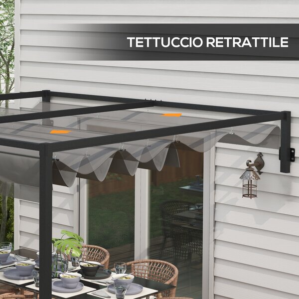Outsunny Pergola Gazebo 3x4 m con Tettuccio Retrattile e Fori di Drenaggio, in Acciaio e Poliestere, Grigio