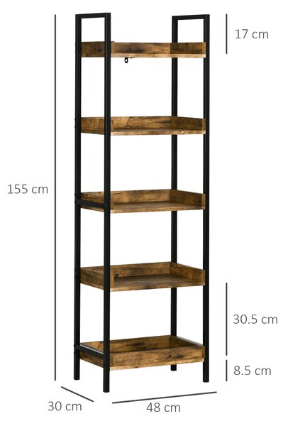 HOMCOM Libreria Stile Industriale a 5 Ripiani in Legno e Metallo, 48x30x155cm, Marrone Rustico