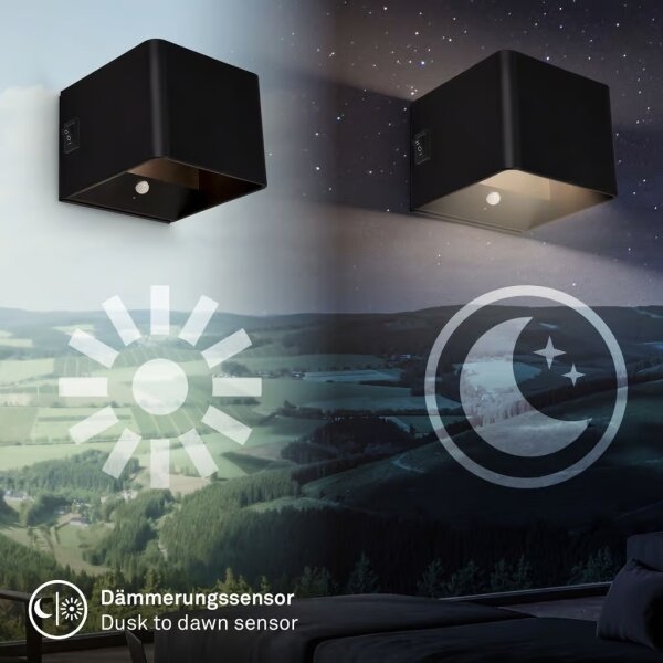 Briloner 3879015 - Lampada LED da parete ricaricabile con sensore BORRA, 1,5W/5V, batteria 3600 mAh, nera