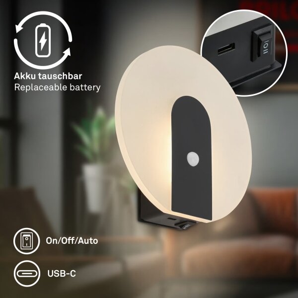 Briloner 3889015 - Lampada da parete LED ricaricabile con sensore TARO LED/2,5W/5V 1800 mAh nera