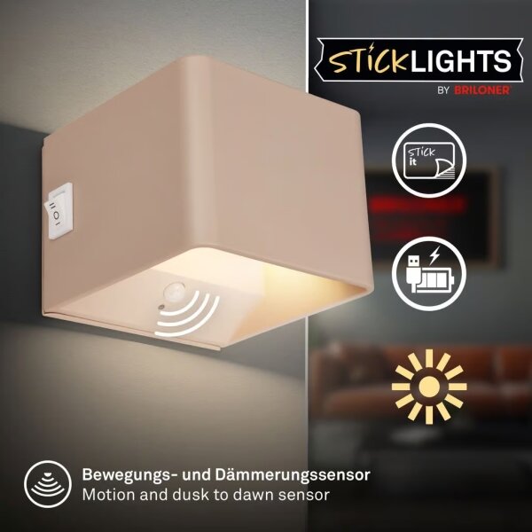 Briloner 3879011 - Applique LED ricaricabile da parete con sensore BORRA LED/1,5 W/5 V, 3600 mAh, beige