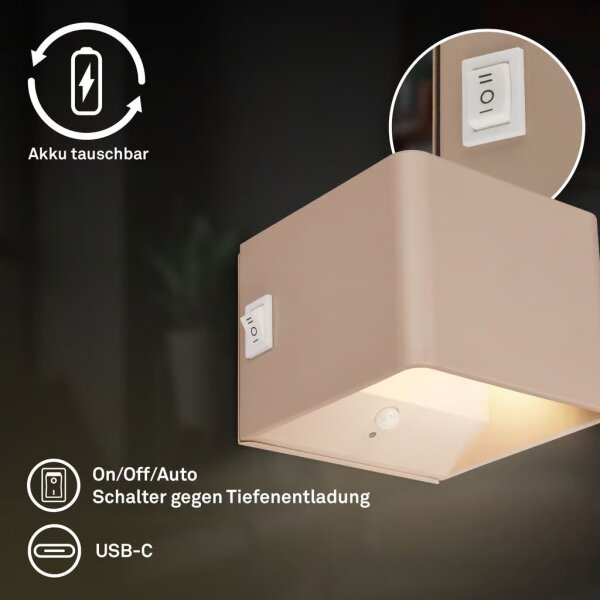 Briloner 3879011 - Applique LED ricaricabile da parete con sensore BORRA LED/1,5 W/5 V, 3600 mAh, beige