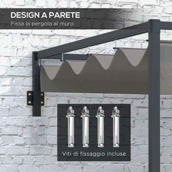Outsunny Pergola Gazebo 3x4 m con Tettuccio Retrattile e Fori di Drenaggio, in Acciaio e Poliestere, Grigio