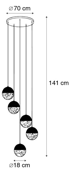 Lampada a sospensione industriale nera con ottone 5 luci - Haicha