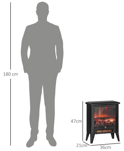 HOMCOM Camino Elettrico 1800W con Effetto Fiamma a 3 Intensità e Telecomando, in Metallo e Vetro, 36x21x47 cm, Nero | Aosom Italy