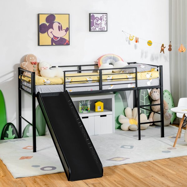 Costway Letto singolo a soppalco per bambini con scala e scivolo, Mini struttura del letto con 4 barriere Nero>