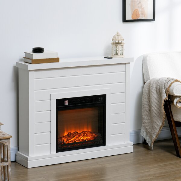 HOMCOM Camino Elettrico 1800W con Effetto Fiamma e Telecomando, in Legno, Metallo e Vetro, 96.5x22x81.7 cm, Bianco