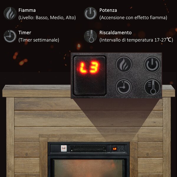 HOMCOM Camino Elettrico 1800W con Effetto Fiamma e Telecomando, in Legno, Metallo e Vetro, 96.5x22x81.7 cm, color Legno