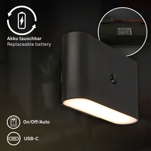 Briloner 3878015 - Lampada da parete LED ricaricabile con sensore CHAT LED/3W/5V 2000 mAh nera