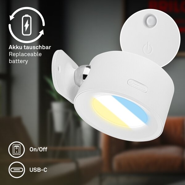 Briloner 3896016 - Lampada da parete LED ricaricabile e dimmerabile TARI, 1,6W/5V, 1500 mAh, bianco