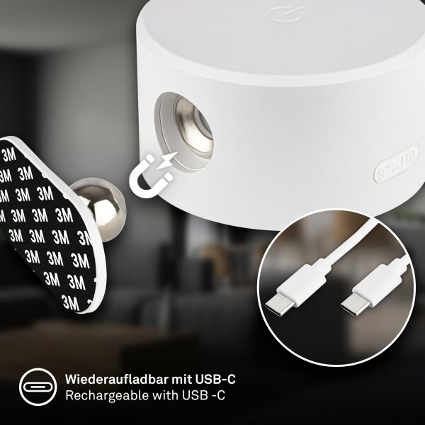 Briloner 3896016 - Lampada da parete LED ricaricabile e dimmerabile TARI, 1,6W/5V, 1500 mAh, bianco