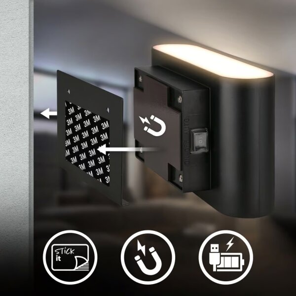 Briloner 3878015 - Lampada da parete LED ricaricabile con sensore CHAT LED/3W/5V 2000 mAh nera