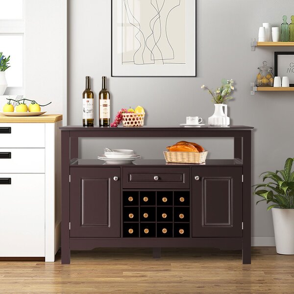 Costway Credenza per cucina con porta bottiglie di vino a forma incrociata, Mobile da cucina con mensola aperta Caffè>