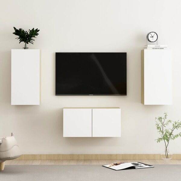 Set Mobili TV 3 pz Bianco e Rovere Sonoma in Legno Multistrato