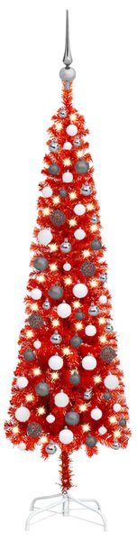 Albero di Natale Sottile Preilluminato con Palline Rosso 150 cm