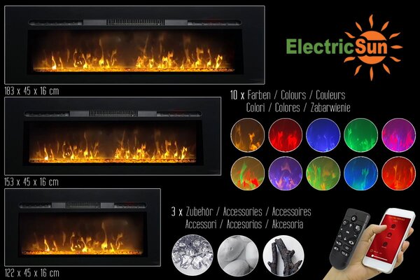 Camino elettrico ElectricSun PAULA vetro Grande nero, a parete, a pavimento o incorporabile, con suono, 10 colori, con l’app, L183xH45cm