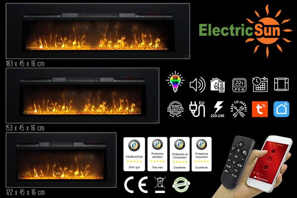 Camino elettrico ElectricSun PAULA vetro Grande nero, a parete, a pavimento o incorporabile, con suono, 10 colori, con l’app, L183xH45cm