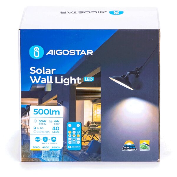 Applique Led da parete 4W Nero con pannello solare e sensore crepuscolare IP65 Dimmerabile temperatura colore regolabile con telecomando Aigostar