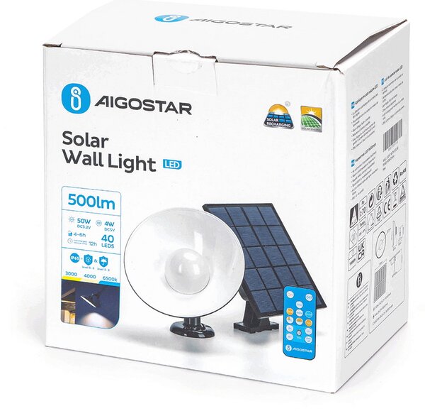 Applique Led da parete 4W Nero con pannello solare e sensore crepuscolare IP65 Dimmerabile temperatura colore regolabile con telecomando Aigostar