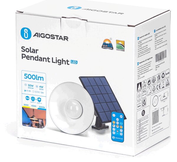 Applique pendente Led da soffitto 4W Nero con pannello solare e sensore crepuscolare IP65 Dimmerabile temperatura colore regolabile con telecomando Aigostar