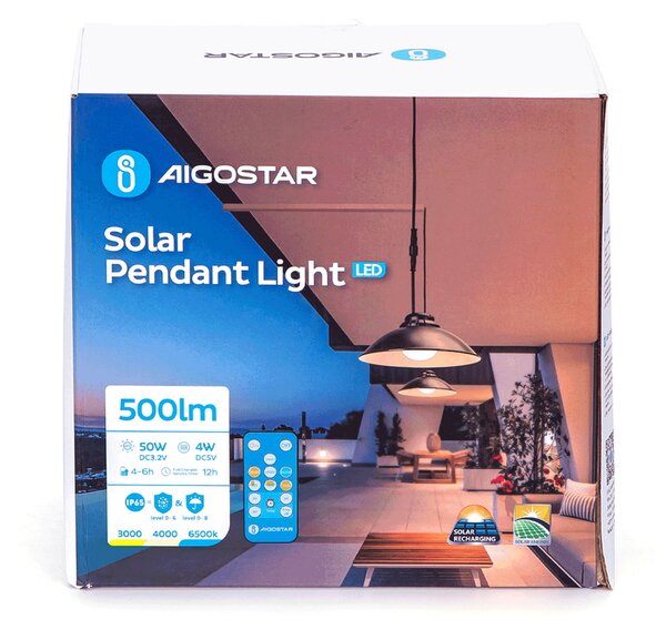 Applique pendente Led da soffitto 4W Nero con pannello solare e sensore crepuscolare IP65 Dimmerabile temperatura colore regolabile con telecomando Aigostar
