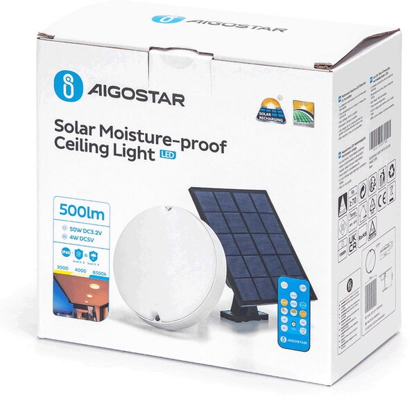 Applique Led da parete slim 4W rotondo Bianco con pannello solare e sensore crepuscolare IP65 temperatura colore regolabile con telecomando Aigostar