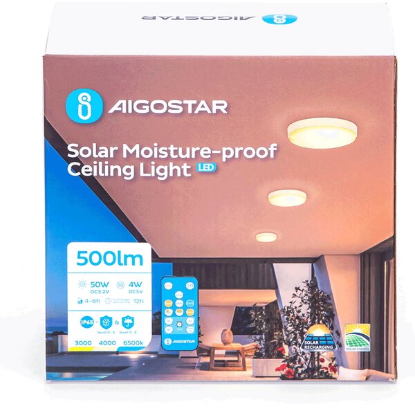 Applique Led da parete slim 4W rotondo Bianco con pannello solare e sensore crepuscolare IP65 temperatura colore regolabile con telecomando Aigostar