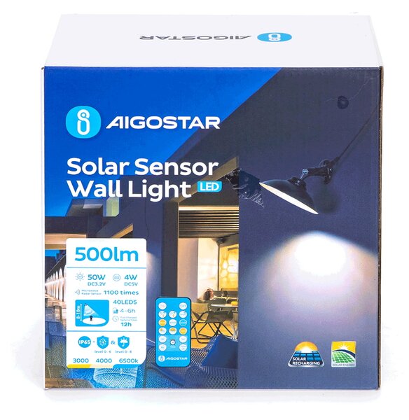 Applique Led da parete 4W Nero con pannello solare e sensore crepuscolare e di movimento IP65 Dimmerabile temperatura colore regolabile con telecomando Aigostar