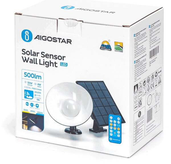Applique Led da parete 4W Nero con pannello solare e sensore crepuscolare e di movimento IP65 Dimmerabile temperatura colore regolabile con telecomando Aigostar