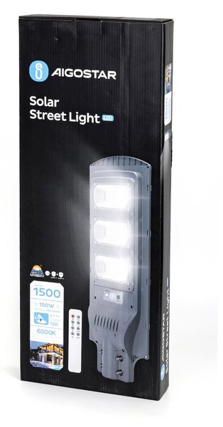 Lampione stradale Led 150W Grigio con pannello solare IP65 Bianco freddo 6500K con sensore crepuscolare e di movimento Aigostar