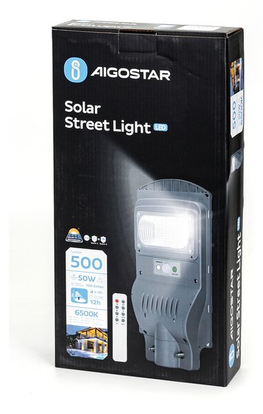 Lampione stradale Led 50W Grigio con pannello solare IP65 Bianco freddo 6500K con sensore crepuscolare e di movimento Aigostar
