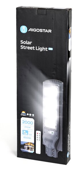 Lampione stradale Led 200W Grigio con pannello solare IP65 Bianco freddo 6500K con sensore crepuscolare e di movimento Aigostar
