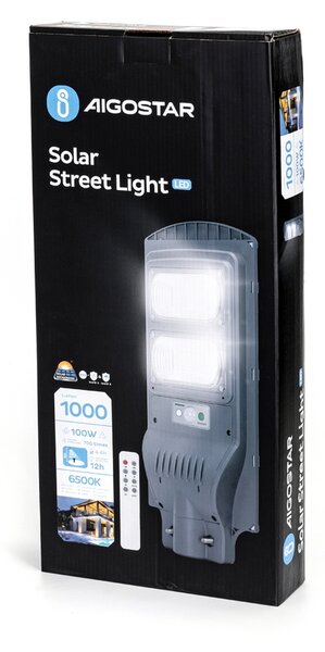 Lampione stradale Led 100W Grigio con pannello solare IP65 Bianco freddo 6500K con sensore crepuscolare e di movimento Aigostar