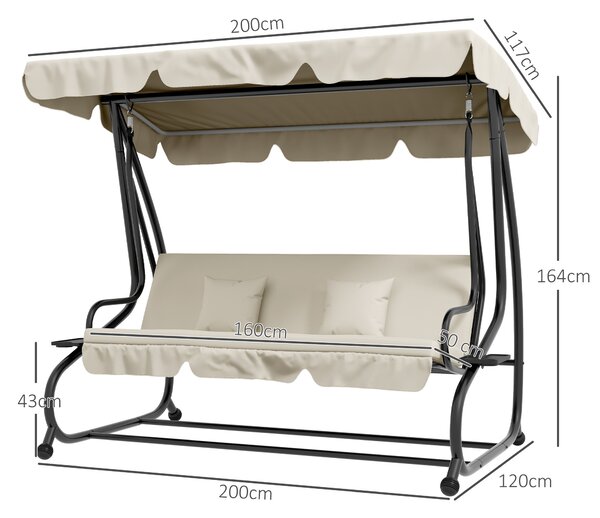 Outsunny Dondolo Letto da Giardino con Tettuccio Regolabile e Vassoi, in Acciaio e Teslin, 200x120x164 cm, Crema