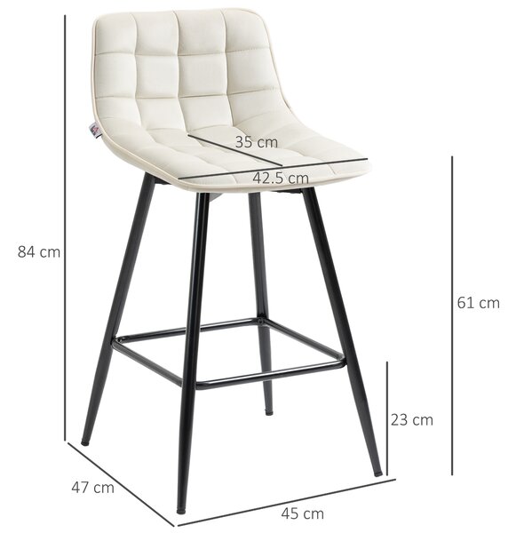 HOMCOM Set 2 Sgabelli da cucina e Bar con Schienale e Poggiapiedi, Sedie Imbottite Alte in Metallo e Velluto, Bianco Crema, 45x47x88 cm|Aosom Italy