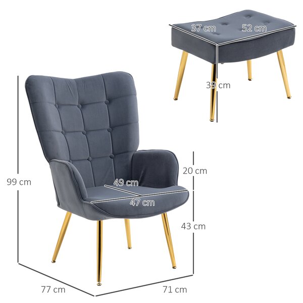 HOMCOM Poltrona moderna con pouf in velluto e gambe dorate, Grigio | Aosom Italy