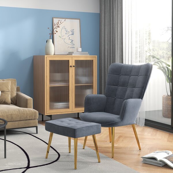 HOMCOM Poltrona moderna con pouf in velluto e gambe dorate, Grigio | Aosom Italy