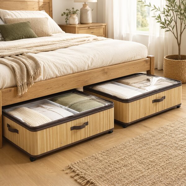 HOMCOM Set 2 Contenitori Sottoletto 60 L con Ruote e Coperchio, 78,5x43x23 cm, Naturale | Aosom Italy